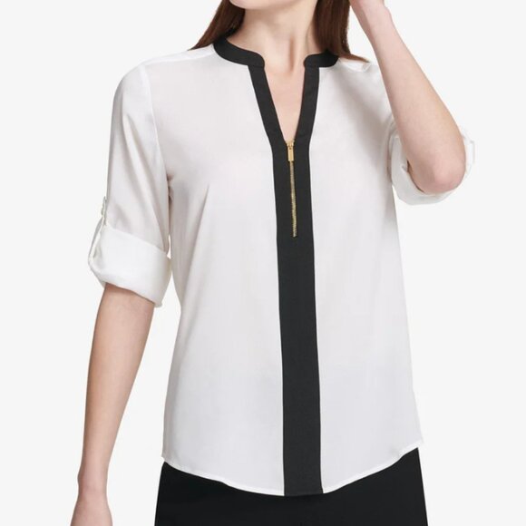 Calvin Klein Womens White Black Trim Zip Roll Tab Sleeve Chiffon Career Blouse M - Picture 12 of 14